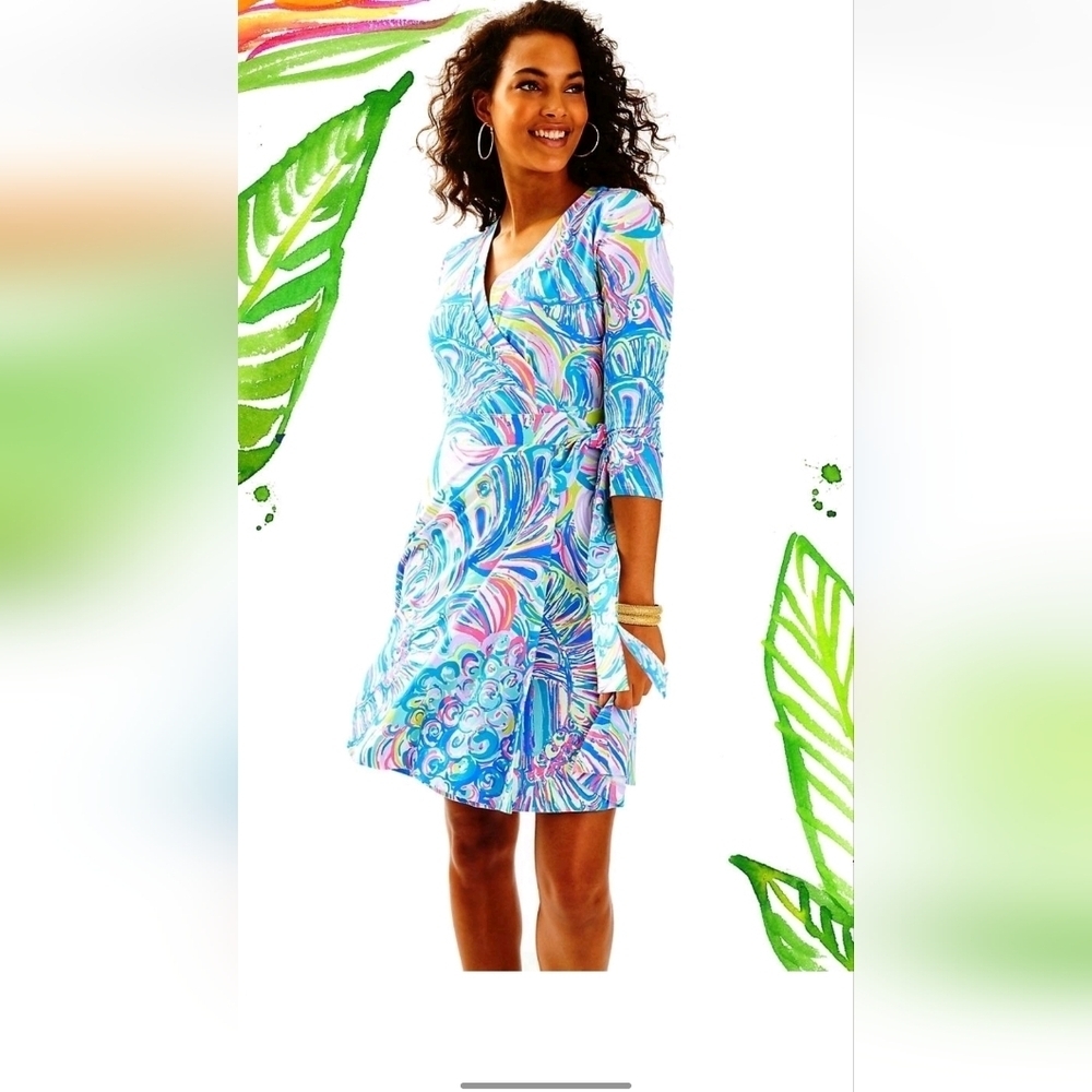 Lilly Pulitzer Emilia Wrap Dress Multi Guilty Pleasure Print 3/4 Sleeve XS